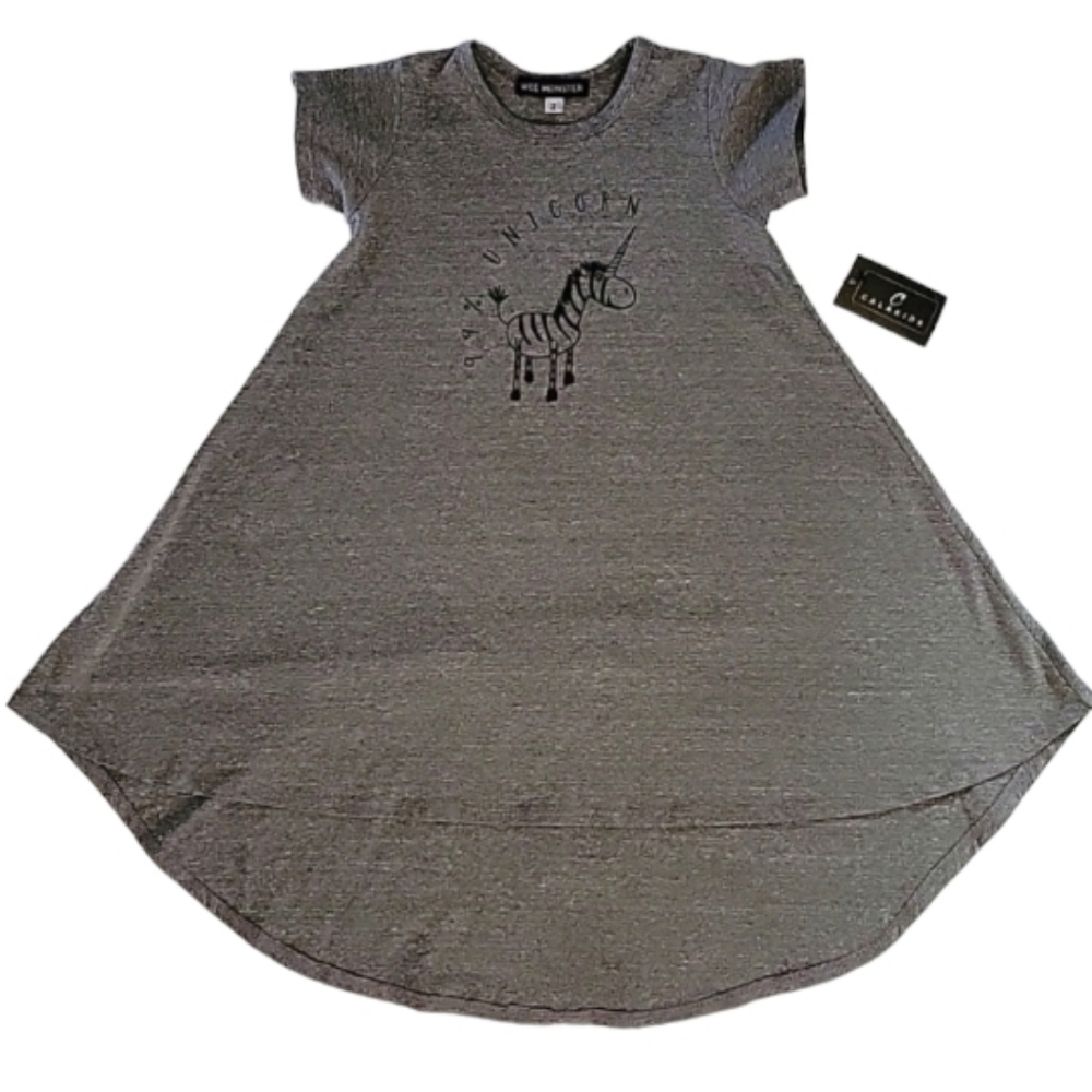 Wee Monster 99% UNICORN Graphic Hi Low Hem Dress Gray Short Sleeve Size 2T NEW